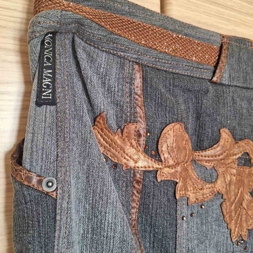 Monica Magni denim skirt size S new with brown leather details
