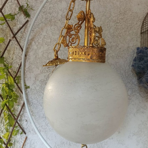 Vintage brass ceiling light with crackle glass globe