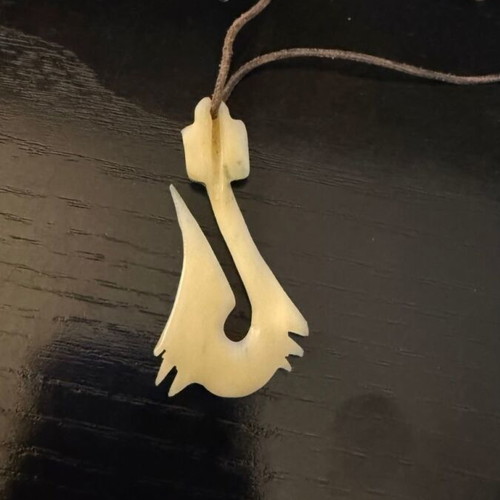 Maori Fish Hook Hei Matau handmade pendant with natural bone and leather cord like new