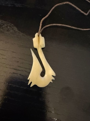 Maori Fish Hook Hei Matau handmade pendant with natural bone and leather cord like new