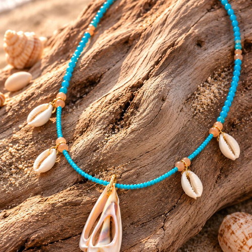 Handmade Long Necklace with Semi-Precious Stone TURQUOISE, Natural Shells and Crystals