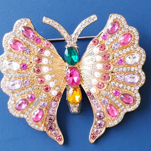 Vintage 70s large butterfly brooch, gold color with sparkling rhinestones