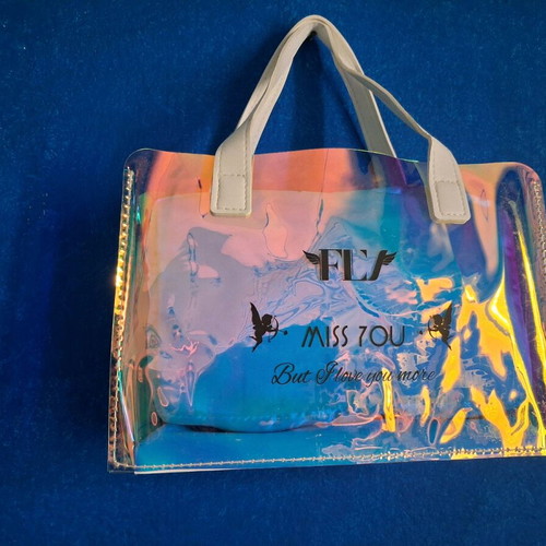 Transparent handbag with iridescent shades and removable inner pouch new