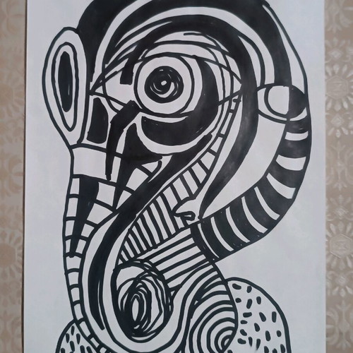 Outsider art painted with black marker on white A4 paper made to order