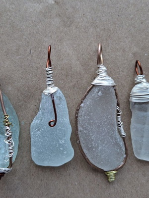 Handmade sea glass pendants set of 4 with copper, brass and silver-plated wire