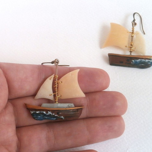 Polymer Clay Boat Earrings Made to Order in Brown and Beige