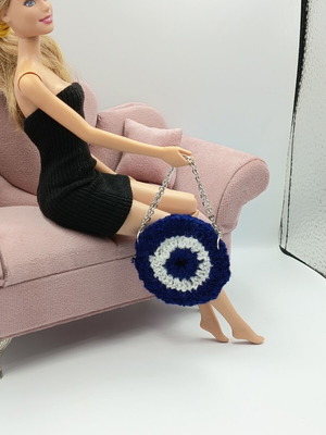 Doll Fashion Bag like new, crocheted white and blue with silver chain