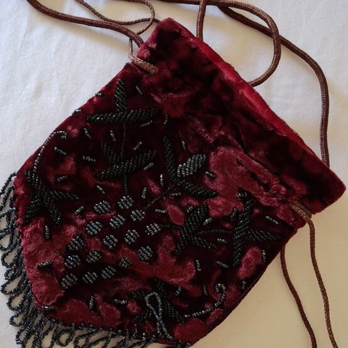Evening crossbody velvet bag with black bead embroidery, burgundy