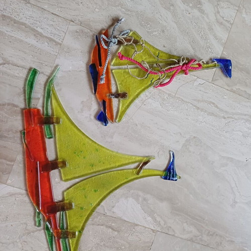Handmade glass decorative ships fusing glass art, set of 2, new