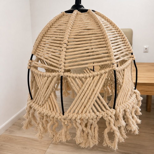 Handmade macramé ceiling light in natural beige