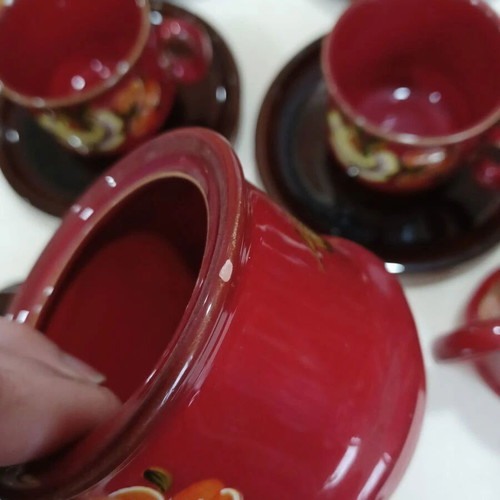 Hand-painted ceramic tea set with 6 cups, saucers, creamer and sugar bowl