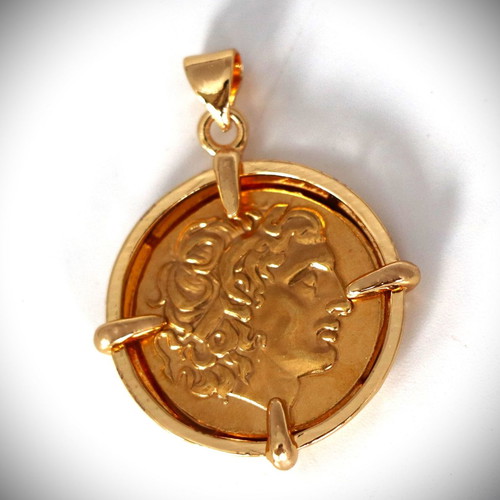 Ancient replica gold coin Alexander the Great 22K gold-plated pendant