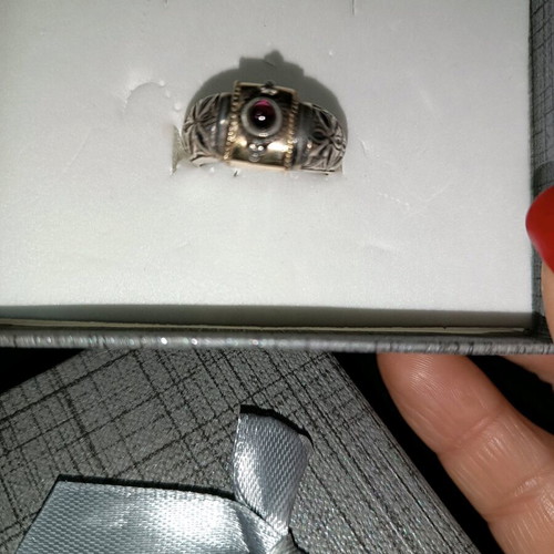 Byzantine ring new, silver 925 and gold with garnet stone