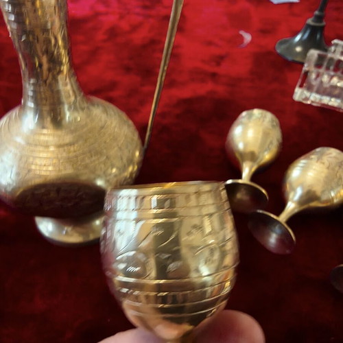 Vintage Oriental Brass Serving Set with Pitcher & 6 Cups