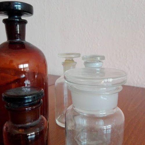 Vintage apothecary bottles set of 5 amber and clear glass