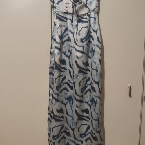 Bershka long strapless satin dress, white and blue