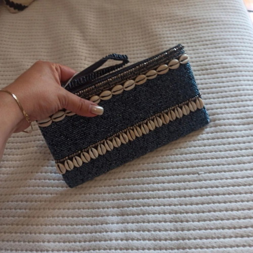 Clutch with beads and shells, new, gray and blue