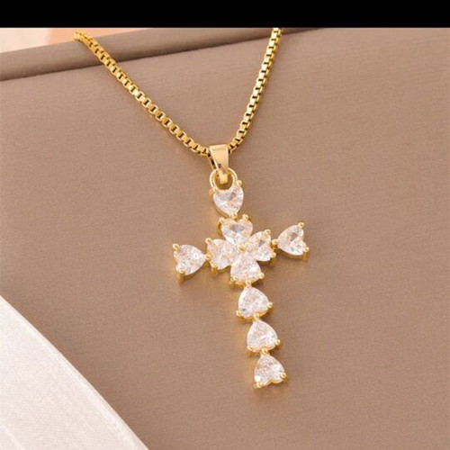 Necklace with Cross in Gold Tone and White Zircon Stones new