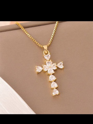 Necklace with Cross in Gold Tone and White Zircon Stones new