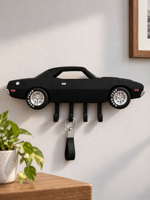 Dodge Challenger 3D εκτυπωμένη επιτοίχια κλειδοθήκη σε μαύρο ματ, handmade