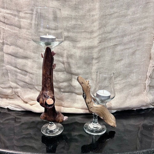 Candlesticks handmade from wood, glass and stones like new