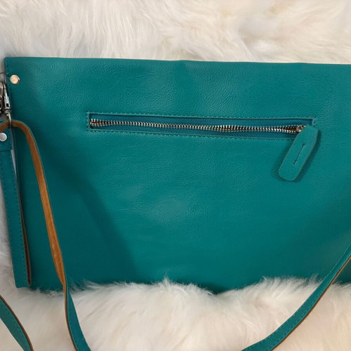 Leather envelope bag used, turquoise with shoulder and hand strap