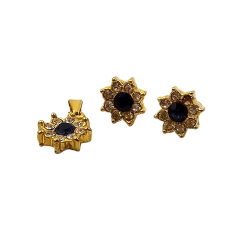 Faux bijoux earring and pendant set with white and blue rhinestones
