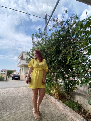 See U Soon yellow dress like new with belt, size small medium