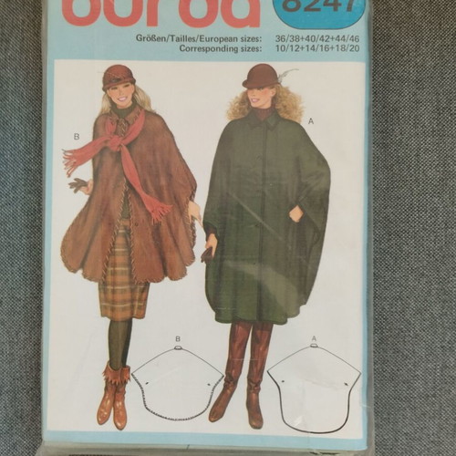 Burda Pattern No 8247 Women's Cape new, short midi with collar and pockets