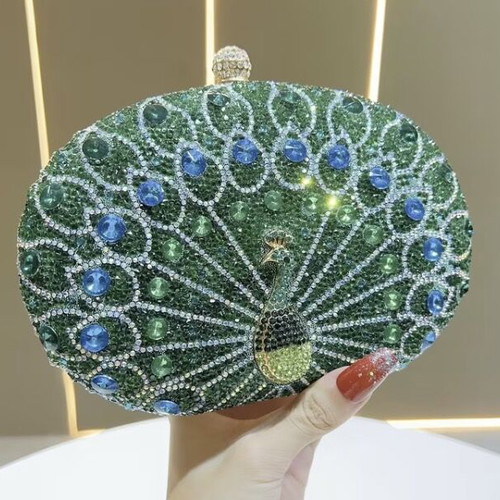 Rhinestone Peacock Evening Clutch with Green and Blue Crystals