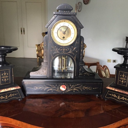 Antique clock used 19th century with marble and solid wood