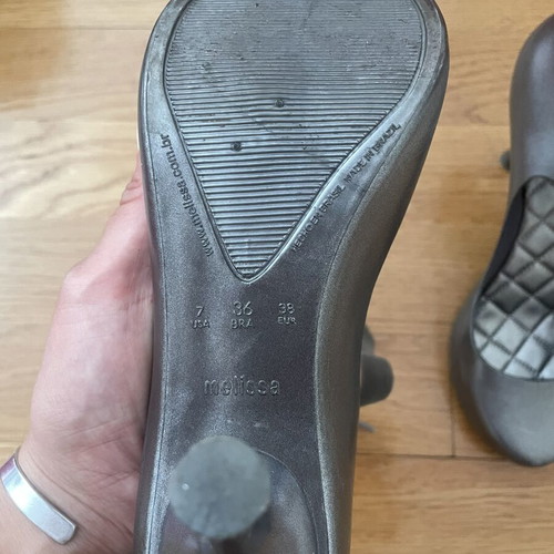 Melissa pumps like new, metallic gray with ankle ribbon, size 38