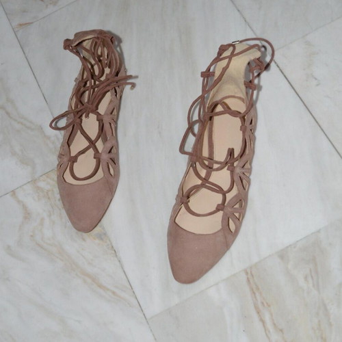 Zara suede-leather ballet lace-up flats new, dusty mauve pink, size 38