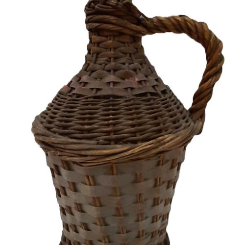 Vintage demijohn 1950s used, glass and rattan, 5 liters