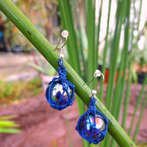 Earrings with macrame art, handmade, new, blue