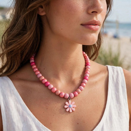 Handmade pink beaded summer necklace new