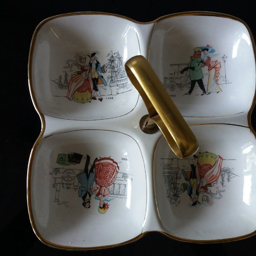 Vintage bowl for nuts used, porcelain with brass handle