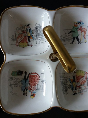 Vintage bowl for nuts used, porcelain with brass handle