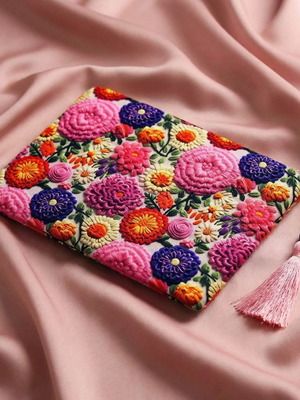 Χειροποίητη υφασμάτινη τσάντα clutch φλοράλ με εφέ κέντημα, καινούργιο