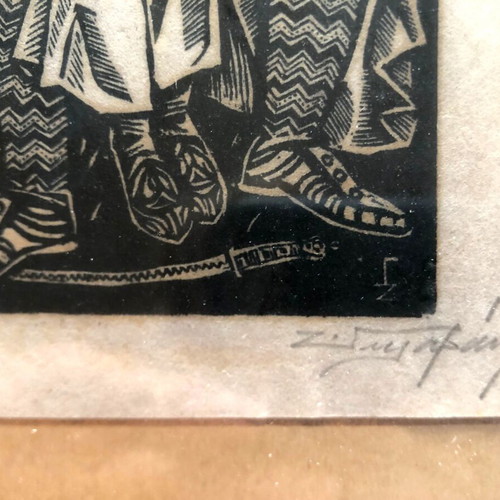 Spyros Gravani woodcut used, signed artwork 28x35cm