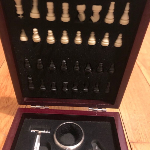 Bar accessories set with miniature chess in wooden case like new