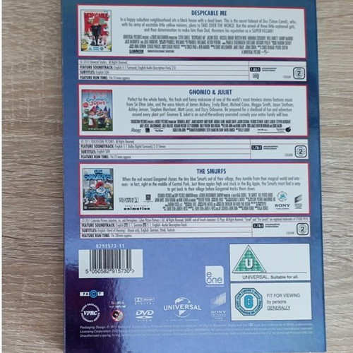 Despicable Me, Gnomeo & Juliet, The Smurfs DVD like new, 3-film box set