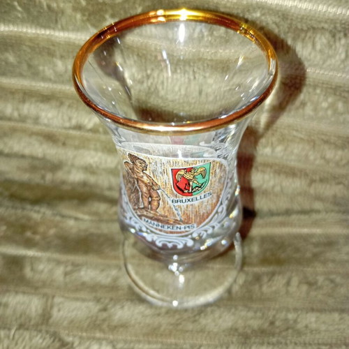Vintage glass stemmed souvenir shot glass from Brussels like new