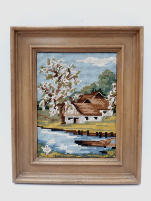 Handmade 70s Needlepoint Textile Painting with Plastic Frame