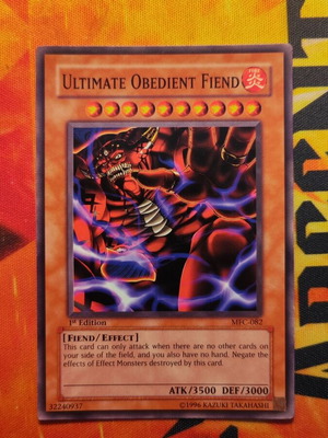 Ultimate Obedient Fiend 1st Edition MFC used, 2003 American Yu-Gi-Oh card