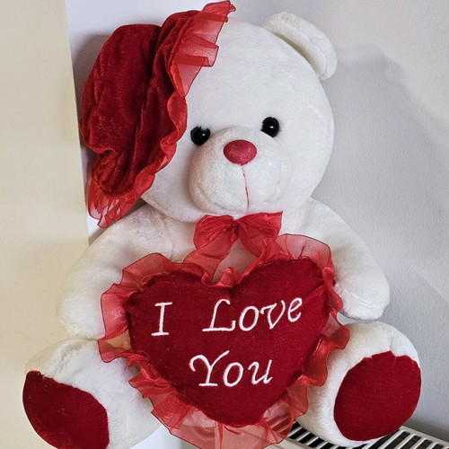 White teddy bear 50cm like new with velvet red heart
