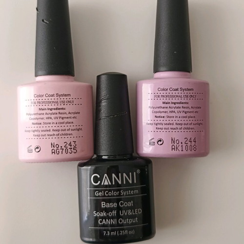 Canni semi-permanent nail polishes like new, 2 colors and base coat