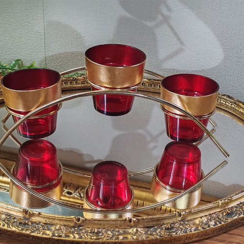 Vintage Carousel candle holder for 3 tealight candles, ruby glass and gold
