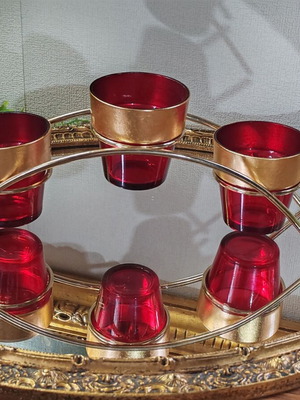 Vintage Carousel candle holder for 3 tealight candles, ruby glass and gold