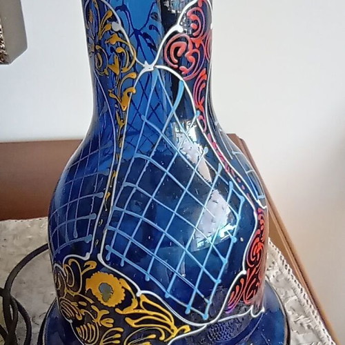Vintage handmade table lamp with thick blue glass and brass, like new